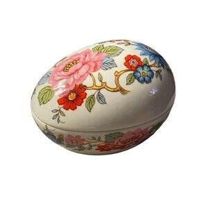 Vintage Limoges France Porcelain‎ Egg Trinket Box Floral Motif Lidded Pink Blue